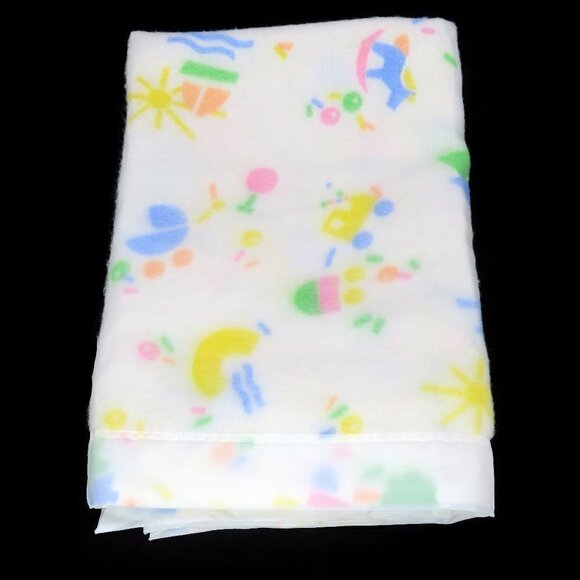 Vintage Baby Blanket Acrylic Satin Nylon Trim Pastel Rocking Horse & Sailboats - Picture 1 of 2